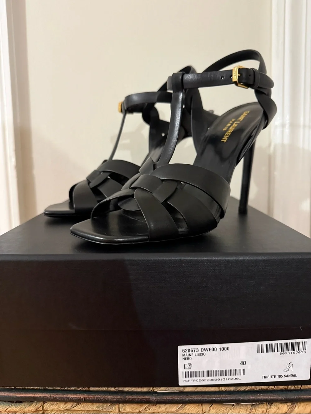 New Saint Laurent Tribute 105 Black T-strap High Heel Sandals -Size 40